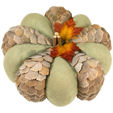 Fall Harvest Layered Wooden Leaves and Burlap Pumpkin - 10" - Green and Beige