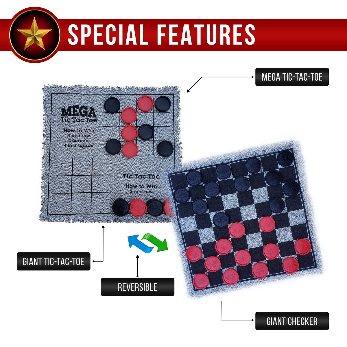  Bolaball 3-in-1 Giant Tic Tac Toe, Checkers Rug & Board Games for Indoor Outdoor Fun - Default Title - Bonton