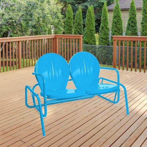2-Person Outdoor Retro Metal Tulip Double Glider Patio Chair  Turquoise Blue