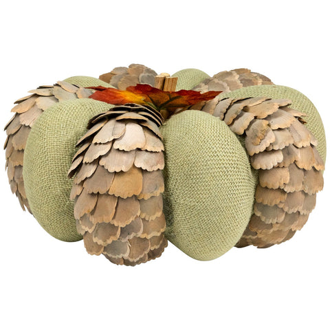 Fall Harvest Layered Wooden Leaves and Burlap Pumpkin - 10" - Green and Beige