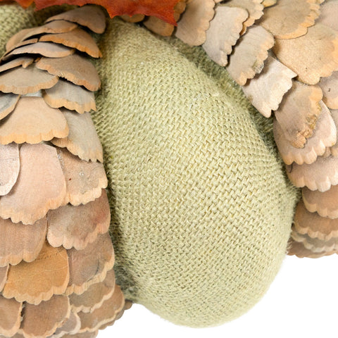 Fall Harvest Layered Wooden Leaves and Burlap Pumpkin - 10" - Green and Beige