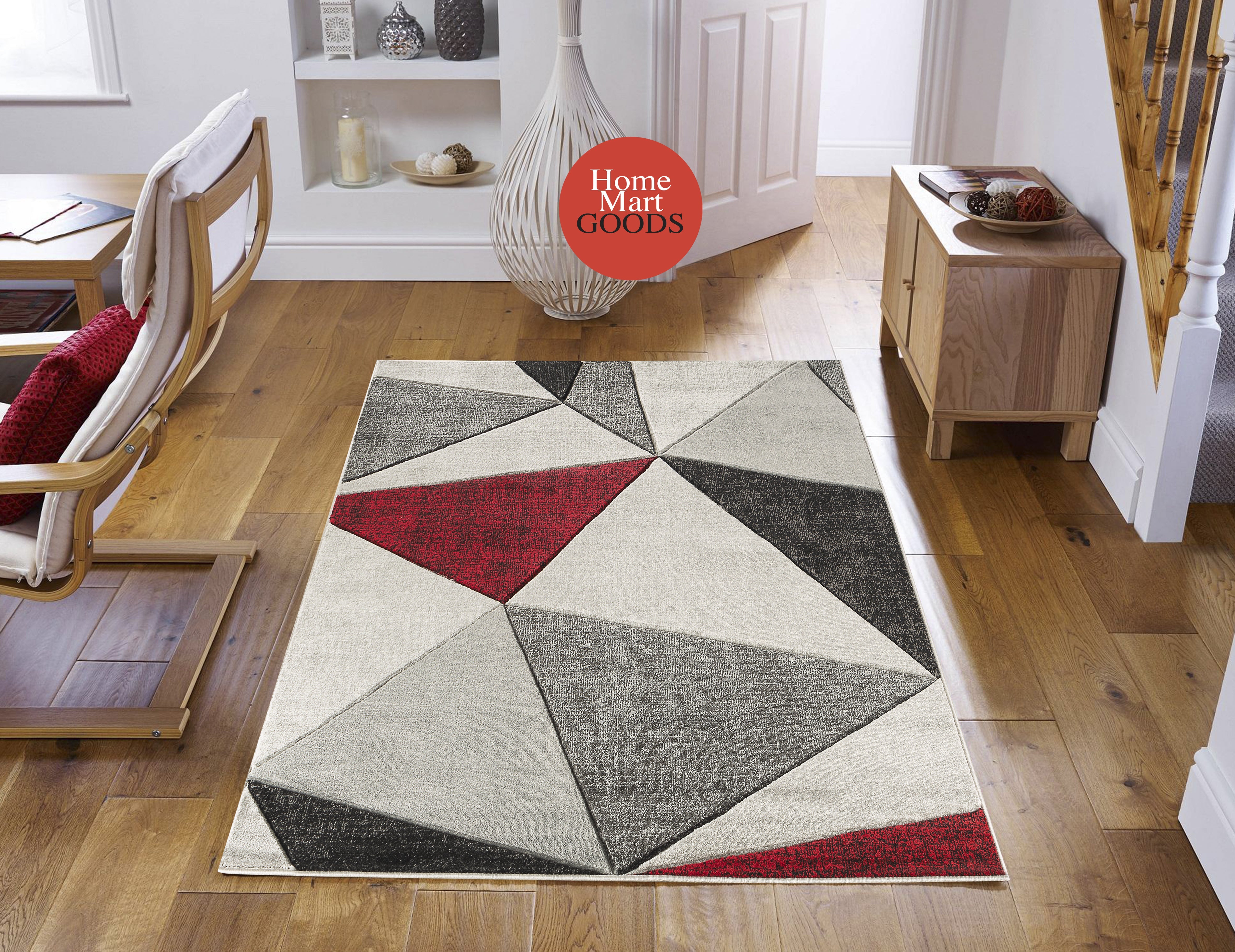  Home Mart Goods Red Silver Grey Geometric Triangles Hand-Carved Soft Living Room Area Rug by Homemartgoods - 5' x 7' - Bonton