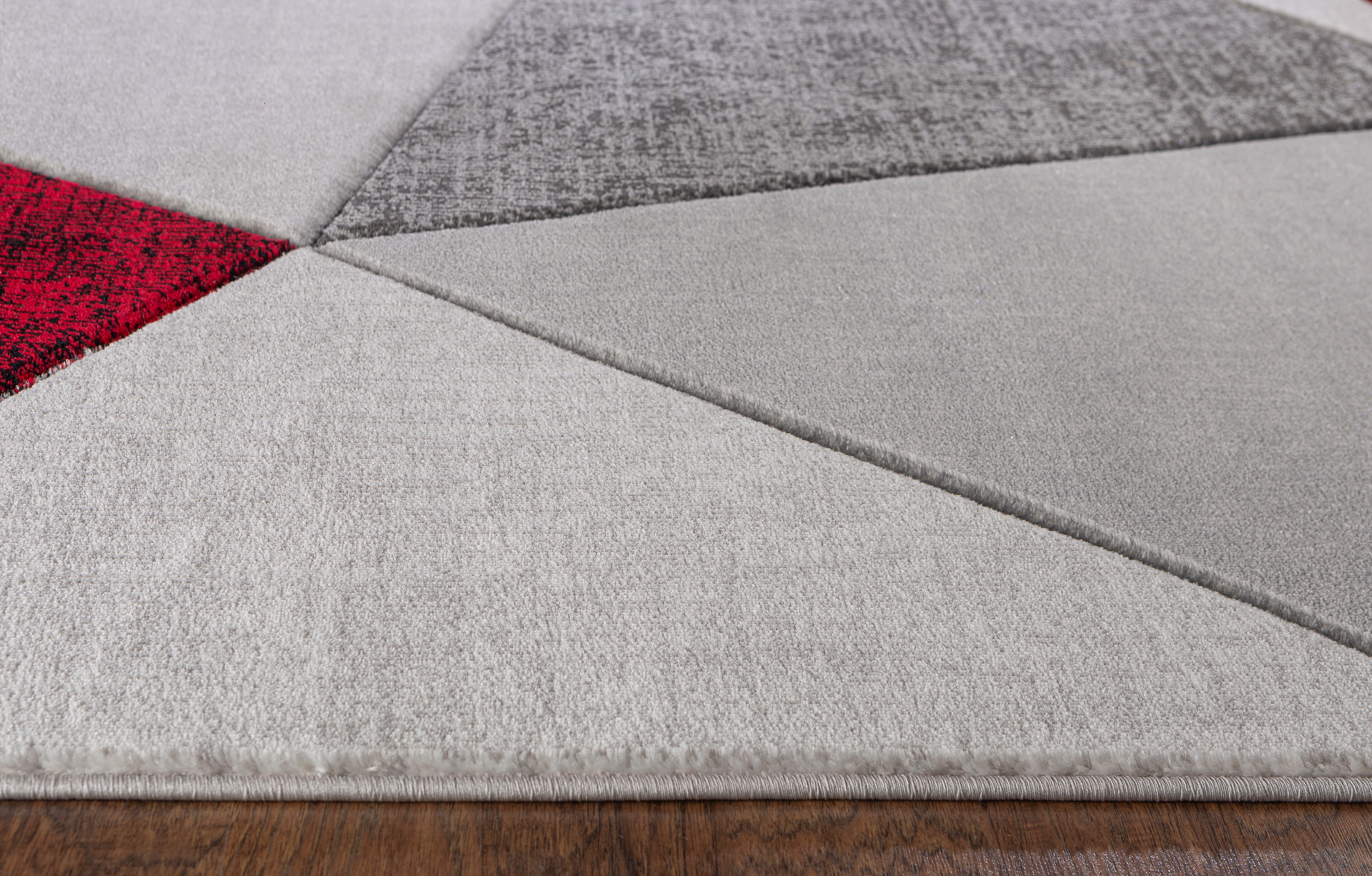  Home Mart Goods Red Silver Grey Geometric Triangles Hand-Carved Soft Living Room Area Rug by Homemartgoods - 5' x 7' - Bonton