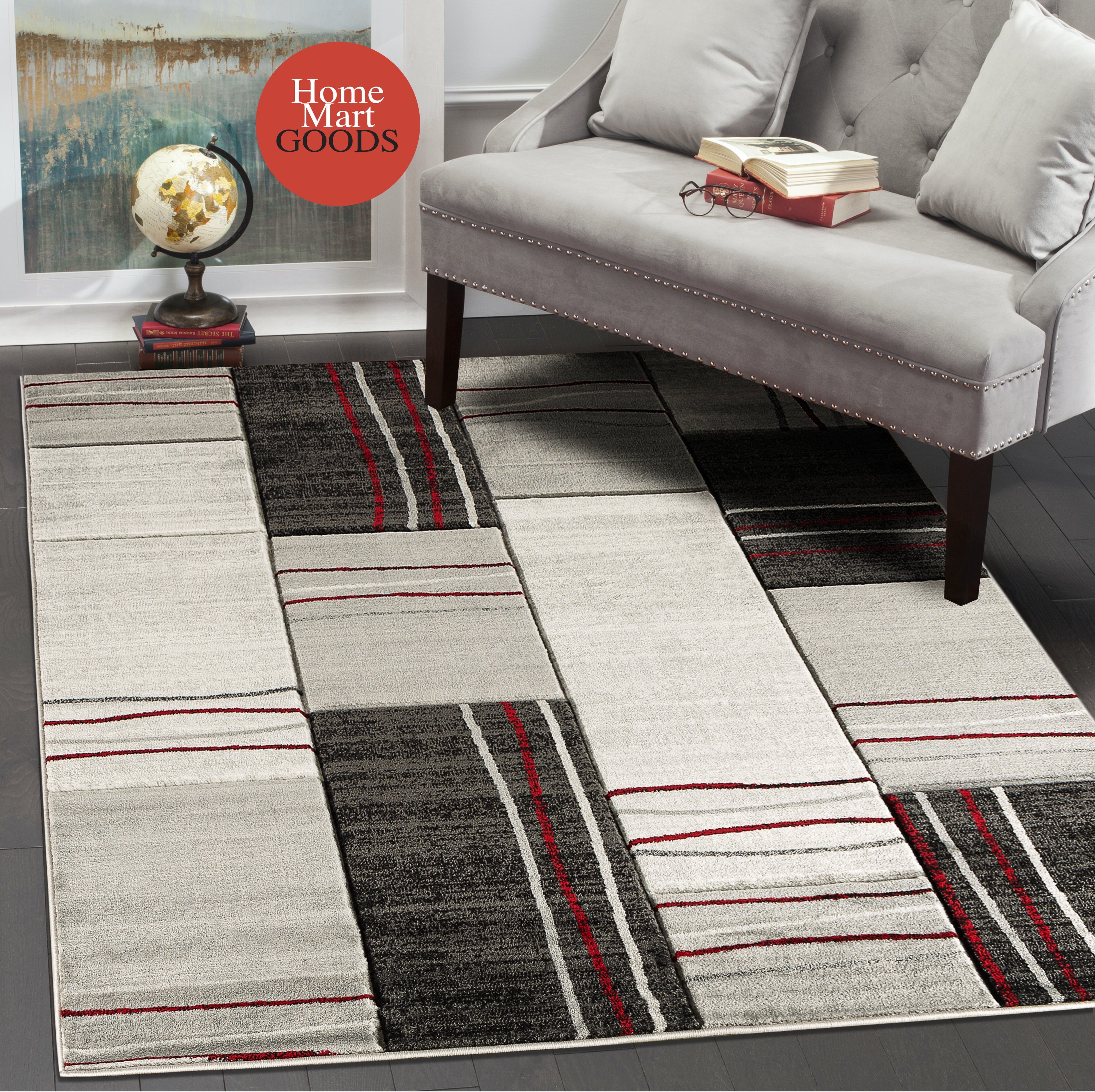  Home Mart Goods Red Silver Geometric Rectangles Hand-Carved Soft Living Room Area Rug by Homemartgoods - 5' x 7' - Bonton