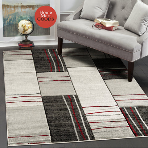 Red Silver Geometric Rectangles Hand-Carved Soft Living Room Area Rug by Homemartgoods