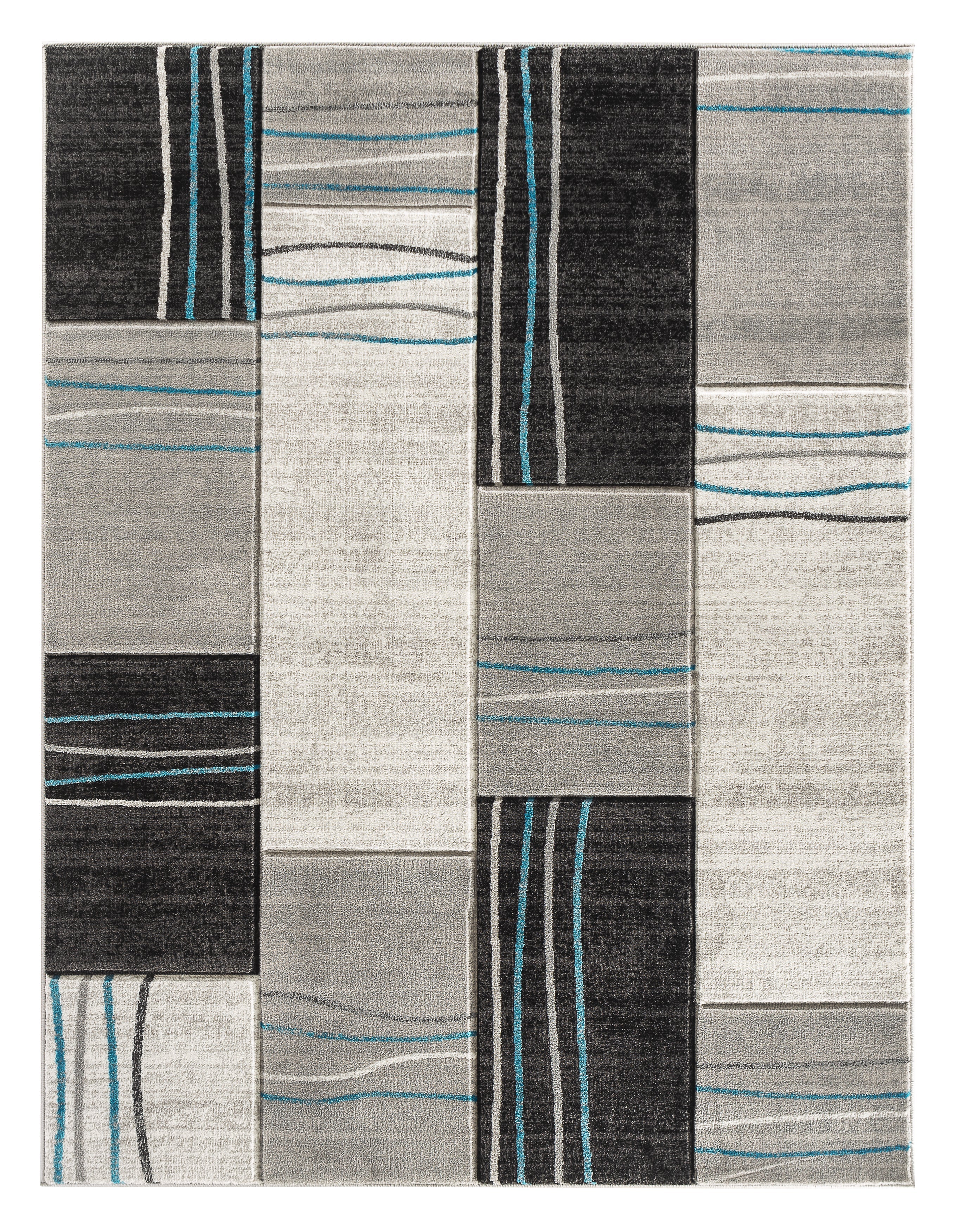  Home Mart Goods Silver Grey Turquoise Geometric Rectangles Hand-Carved Soft Living Room Area Rug by Homemartgoods - 5' x 7' - Bonton