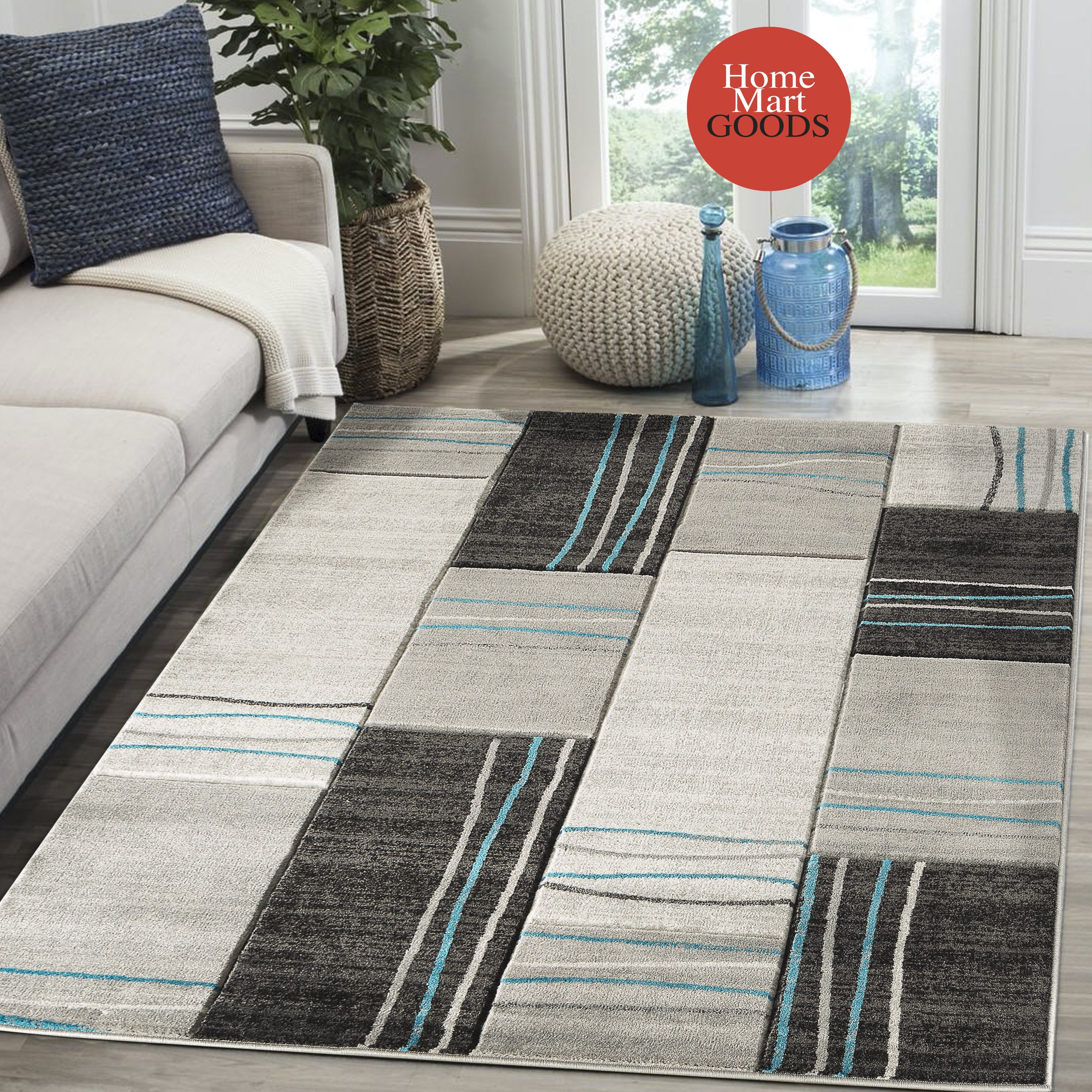  Home Mart Goods Silver Grey Turquoise Geometric Rectangles Hand-Carved Soft Living Room Area Rug by Homemartgoods - 5' x 7' - Bonton