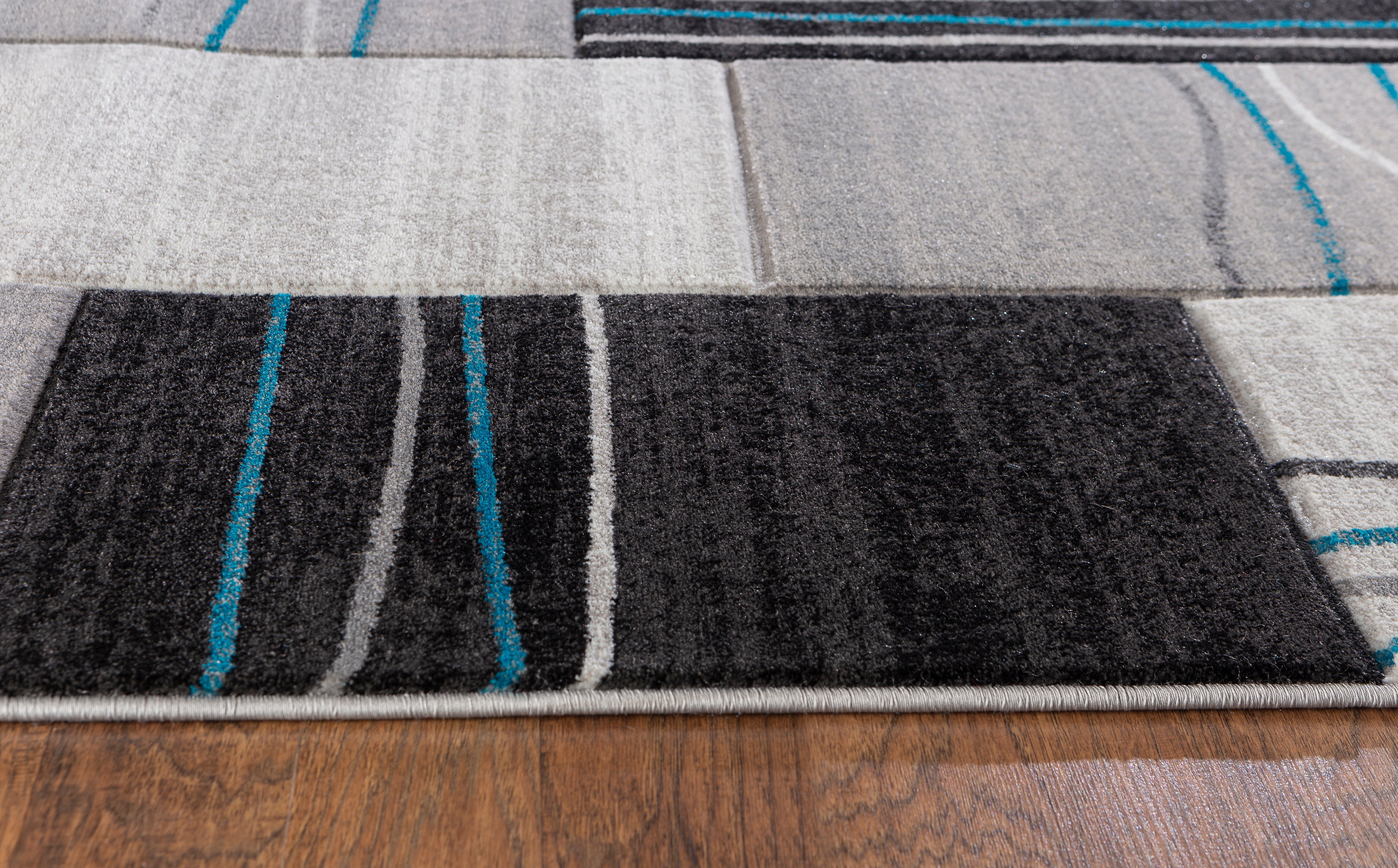  Home Mart Goods Silver Grey Turquoise Geometric Rectangles Hand-Carved Soft Living Room Area Rug by Homemartgoods - 5' x 7' - Bonton