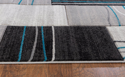 Silver Grey Turquoise Geometric Rectangles Hand-Carved Soft Living Room Area Rug by Homemartgoods