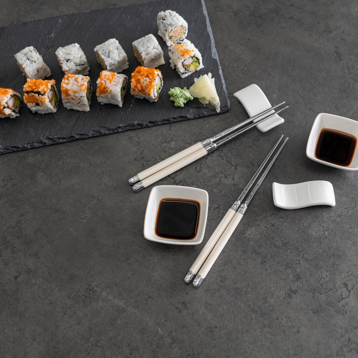  French Home Chopsticks With Faux Ivory Handles, Ceramic Rests and Sauce Bowls, Set of 2 Pairs - Default Title - Bonton