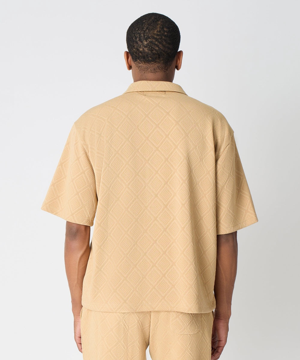  Reason Clothing Textured Knit Short Sleeve Button Down Shirt - Taupe - TAUPE - Bonton