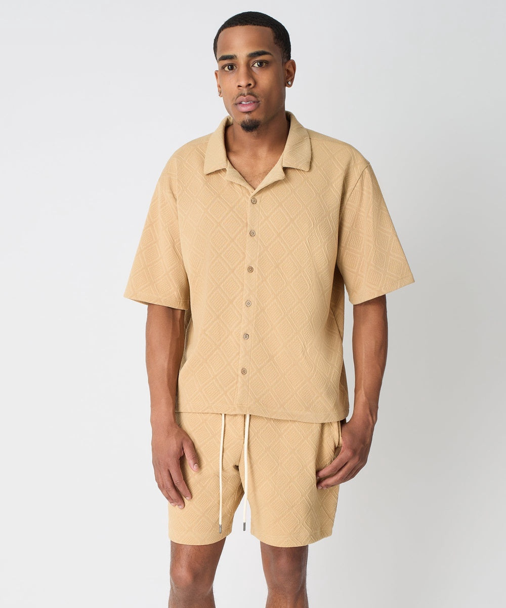  Reason Clothing Textured Knit Short Sleeve Button Down Shirt - Taupe - TAUPE - Bonton