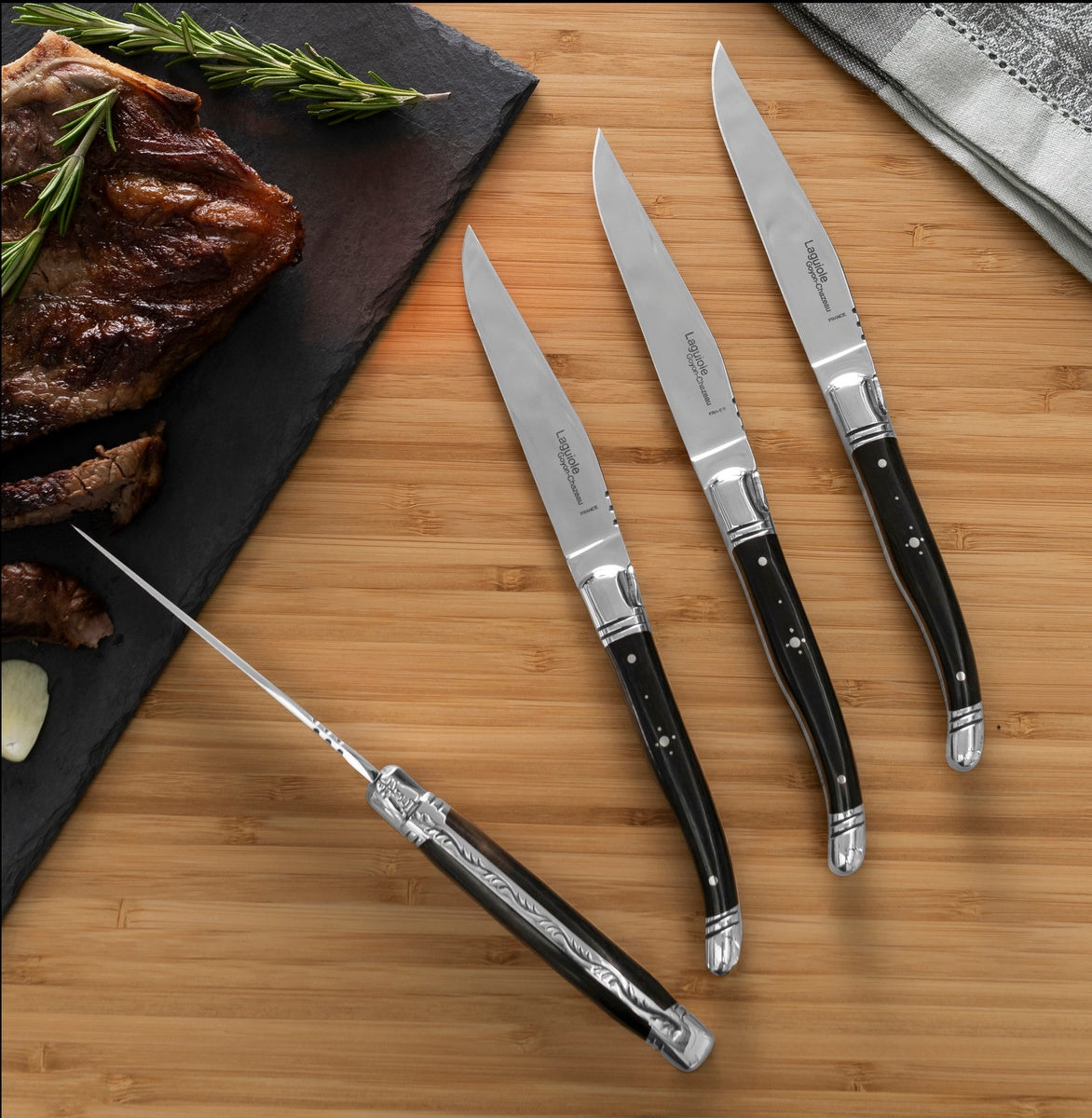  French Home Goyon-Chazeau Set of 4 Laguiole Steak Knives With Ebony Wood Handles - Default Title - Bonton