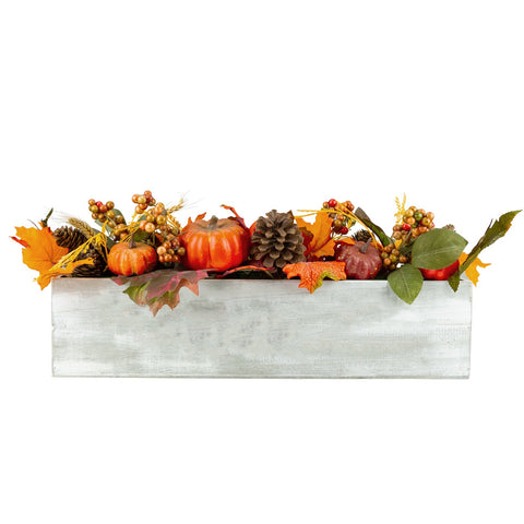 Autumn Harvest Arrangement in a "Thankful" Rustic Wooden Box Centerpiece - 21"