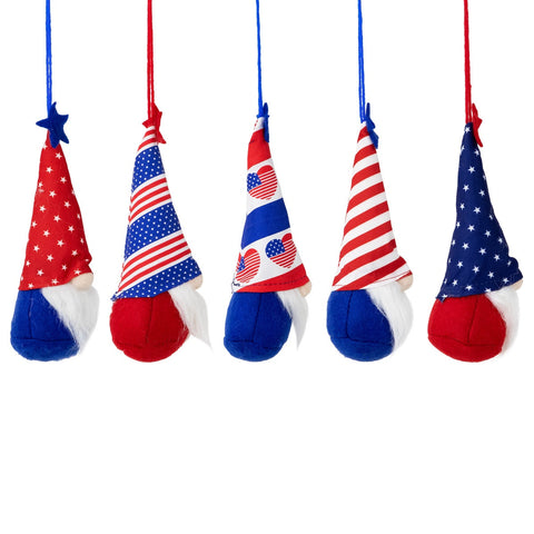 Hearts  Stars and Stripes Patriotic Gnome Ornaments - 6.5" - Set of 5