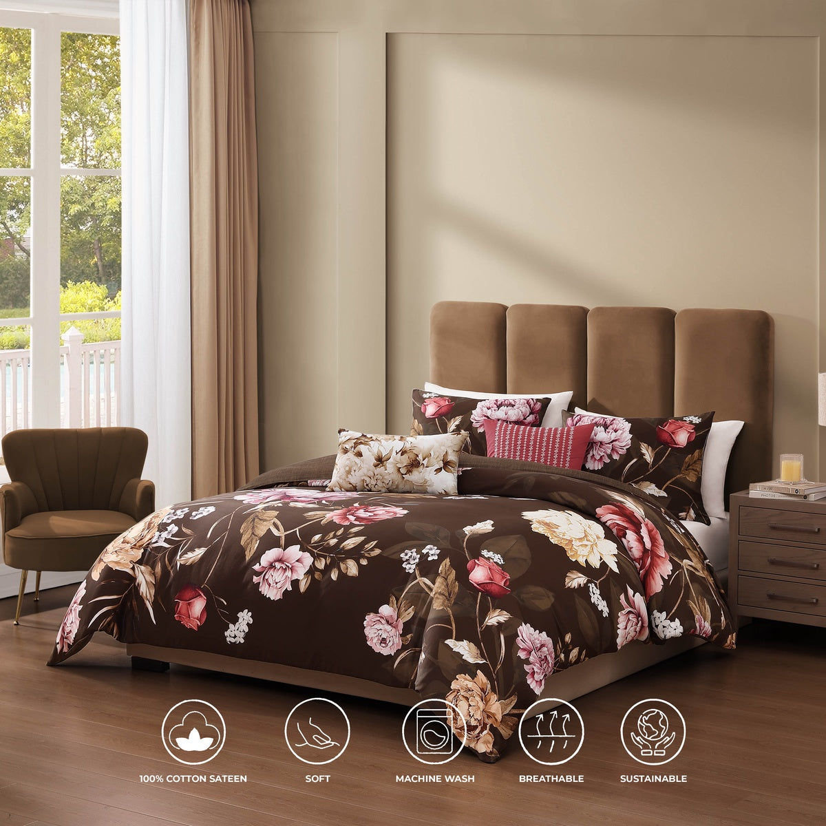  Bebejan Bebejan Floral Garden on Mocha 5 Piece Reversible Comforter Set - QUEEN - Bonton