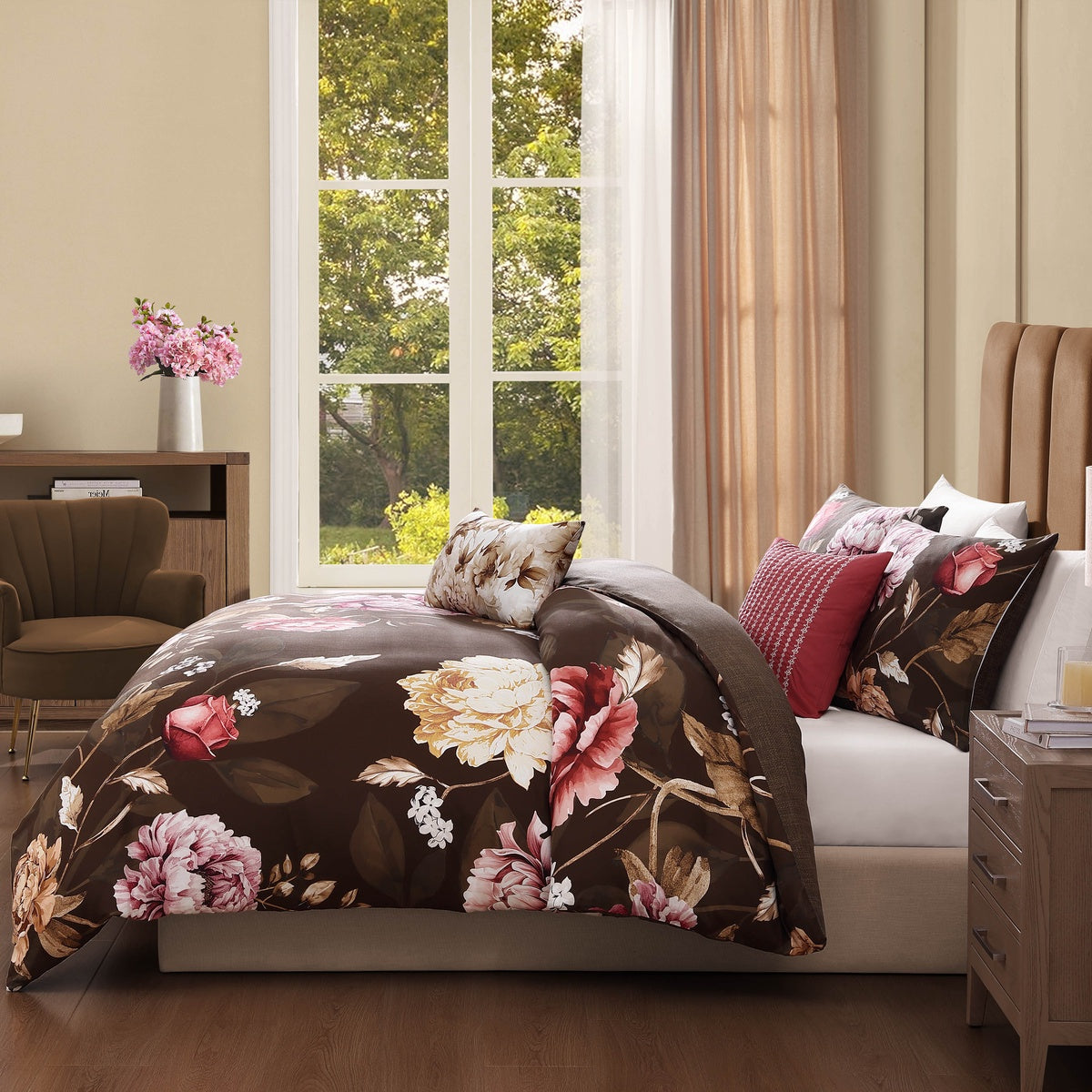  Bebejan Bebejan Floral Garden on Mocha 5 Piece Reversible Comforter Set - QUEEN - Bonton
