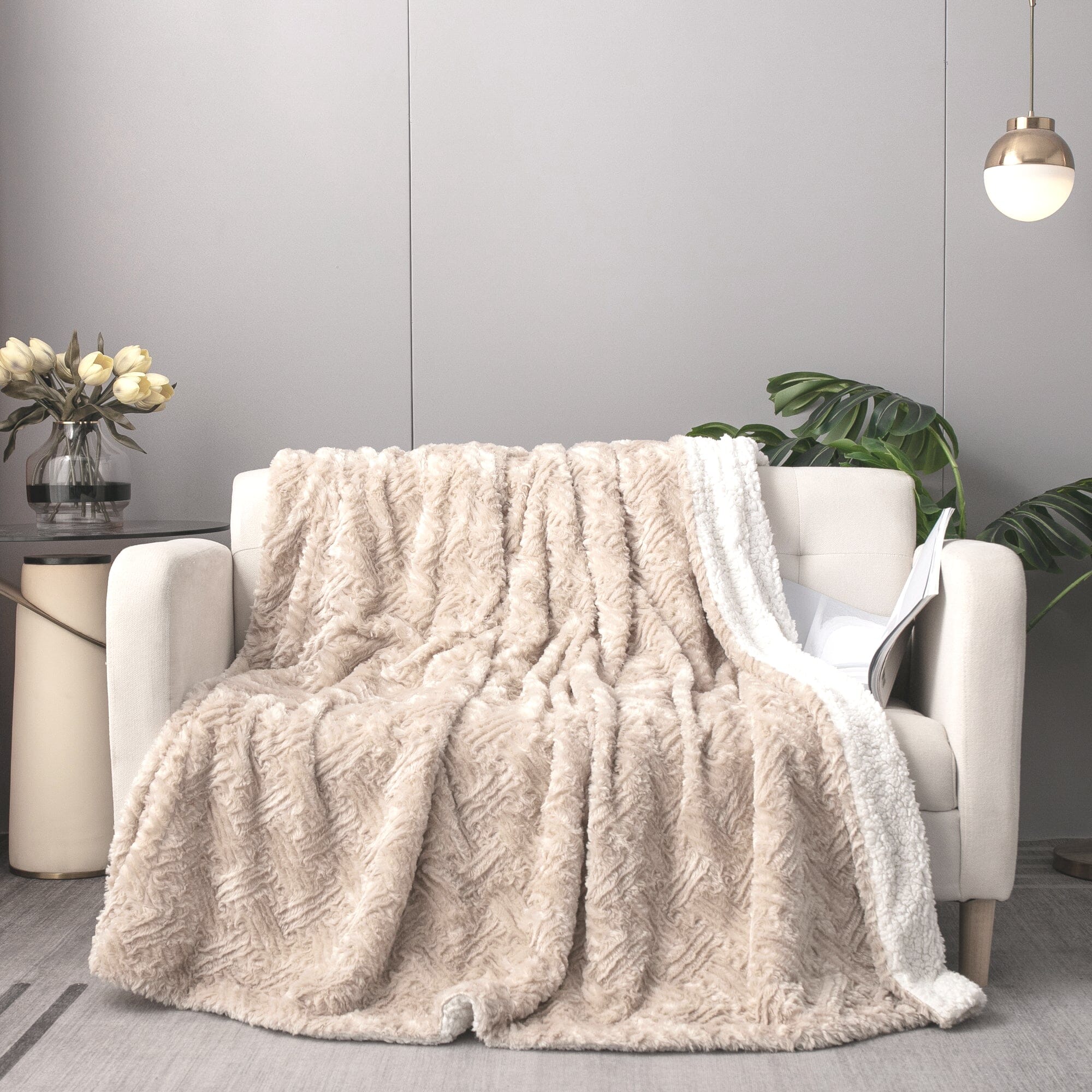  DaDa Bedding Collection DaDalogy Bedding Champagne Ivory Faux Fur Throw Blanket - Dreamy Gold Geometric Embossed Sherpa Backside - Super Soft Warm Cozy Plush Fluffy by DaDa Bedding Collection - 90