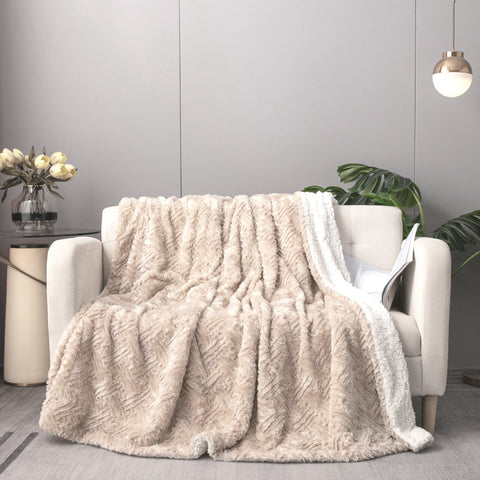 DaDalogy Bedding Champagne Ivory Faux Fur Throw Blanket - Dreamy Gold Geometric Embossed Sherpa Backside - Super Soft Warm Cozy Plush Fluffy by DaDa Bedding Collection
