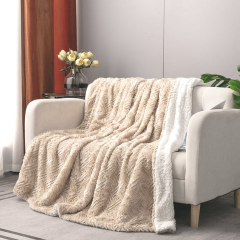 DaDalogy Bedding Champagne Ivory Faux Fur Throw Blanket - Dreamy Gold Geometric Embossed Sherpa Backside - Super Soft Warm Cozy Plush Fluffy by DaDa Bedding Collection