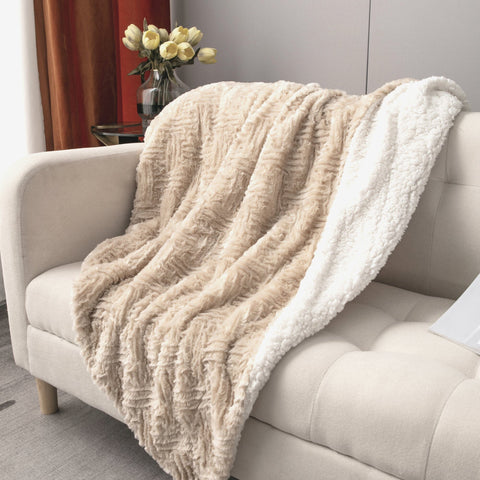 DaDalogy Bedding Champagne Ivory Faux Fur Throw Blanket - Dreamy Gold Geometric Embossed Sherpa Backside - Super Soft Warm Cozy Plush Fluffy by DaDa Bedding Collection