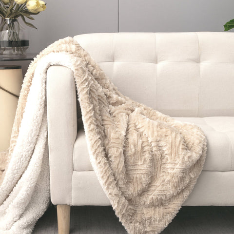 DaDalogy Bedding Champagne Ivory Faux Fur Throw Blanket - Dreamy Gold Geometric Embossed Sherpa Backside - Super Soft Warm Cozy Plush Fluffy by DaDa Bedding Collection
