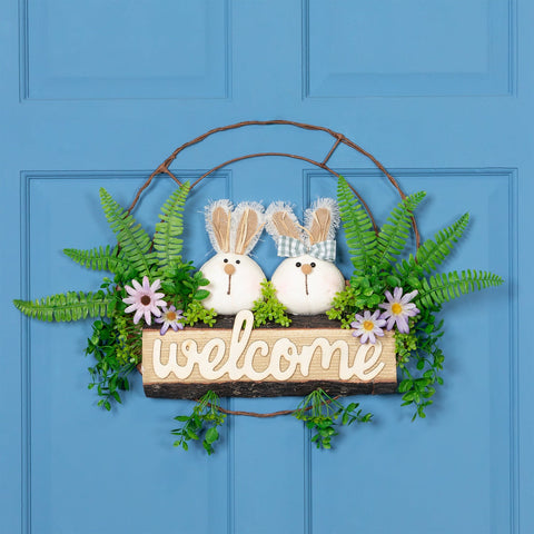 Rabbit Couple "Welcome" Floral Spring Wreath  16-Inch