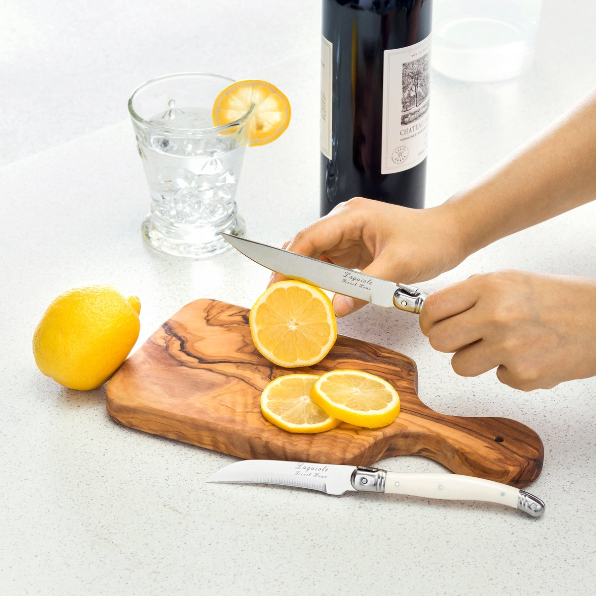  French Home Olive Wood 11-Inch Cutting Board and Set of 2 Laguiole Citrus Knives - Default Title - Bonton