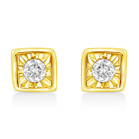 10K Yellow Gold Plated .925 Sterling Silver 1/10 Cttw Miracle-Set Diamond Square Stud Earrings (K-L Color, I2-I3 Clarity)