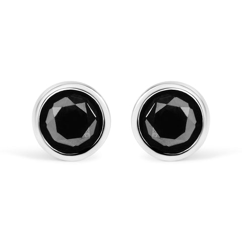 14K White Gold 3.00 Cttw Round Brilliant-Cut Black Diamond Bezel-Set Stud Earrings With Screw Backs (Fancy Color-Enhanced, I2-I3 Clarity)