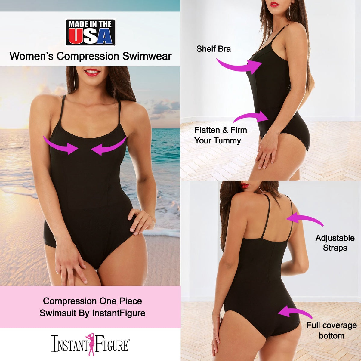  InstantFigure InstantFigure Swimsuit Princess Seams One Piece 13590P - Black - Bonton