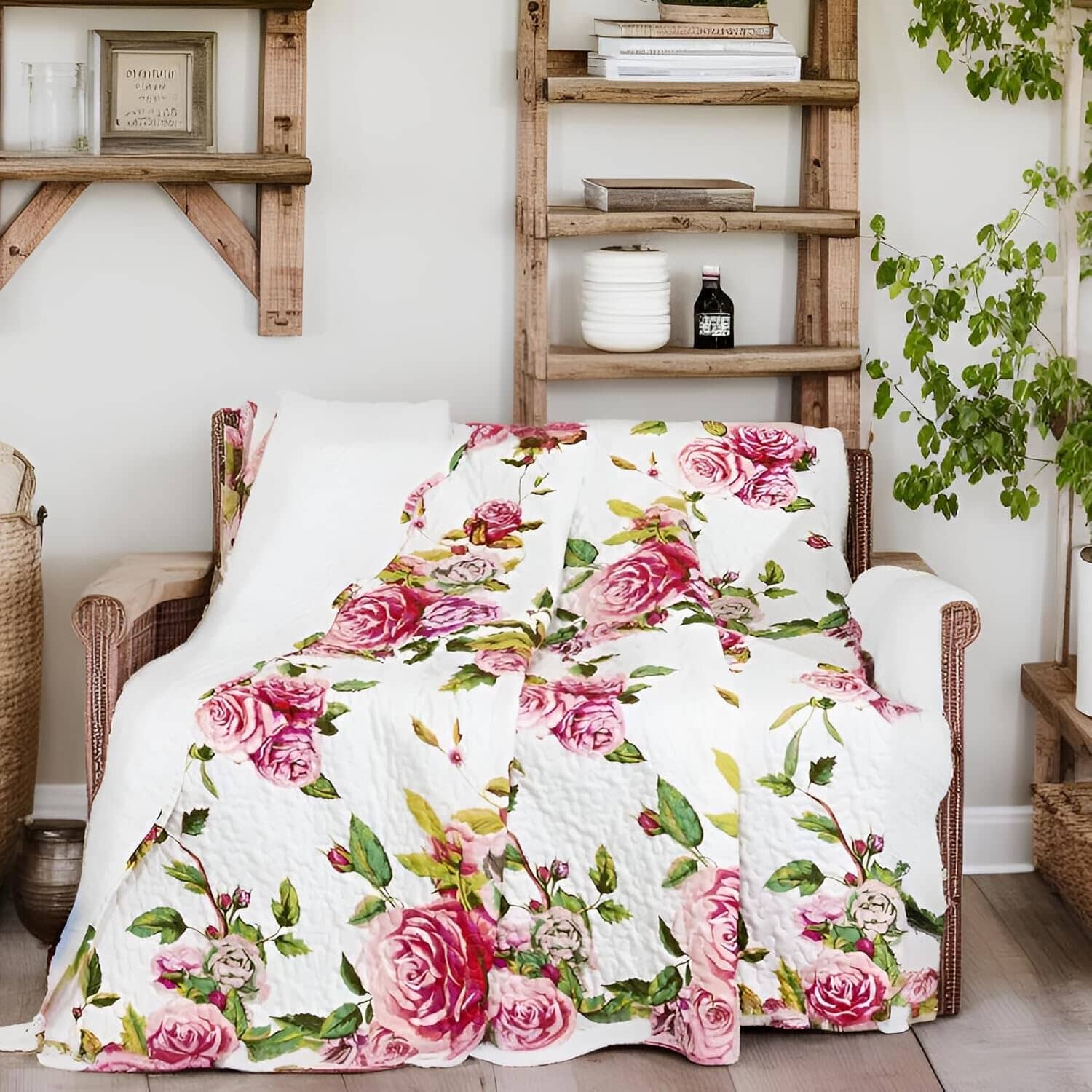  DaDa Bedding Collection DaDa Bedding Romantic Roses Floral Throw Blanket - Lovely Spring Pink & White Scalloped Colorful Lightweight Breathable - Bright Vibrant Quilted Throw Blanket - 50 x 60 by DaDa Bedding Collection - Default Title - Bonton