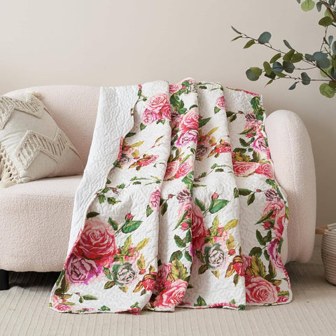 DaDa Bedding Romantic Roses Floral Throw Blanket - Lovely Spring Pink & White Scalloped Colorful Lightweight Breathable - Bright Vibrant Quilted Throw Blanket - 50 x 60 by DaDa Bedding Collection