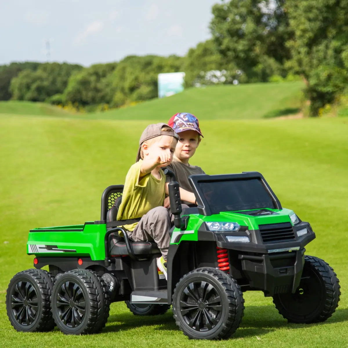  Freddo 24V 6 Wheeler Freddo Tractor Trailer 2 Seater Ride-on With Dump Cart and Parental Remote - Green - Bonton