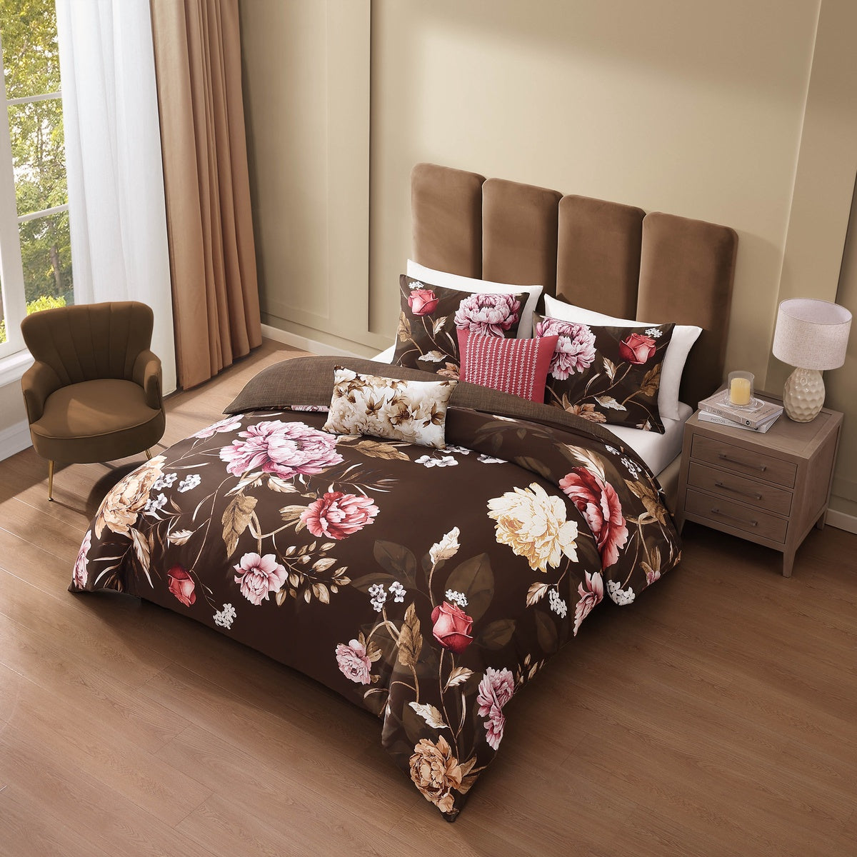  Bebejan Bebejan Floral Garden on Mocha 5 Piece Reversible Comforter Set - QUEEN - Bonton