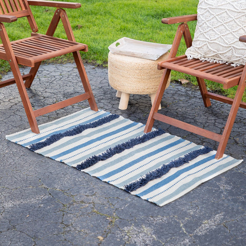 3.5' X 2.25' Blue  Cream and Black Striped Handloom Woven Outdoor Accent Throw Rug