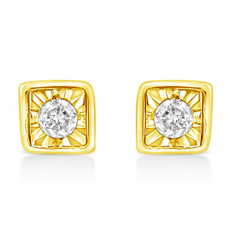 10K Yellow Gold Plated .925 Sterling Silver 1/10 Cttw Miracle-Set Diamond Square Stud Earrings (K-L Color, I2-I3 Clarity)