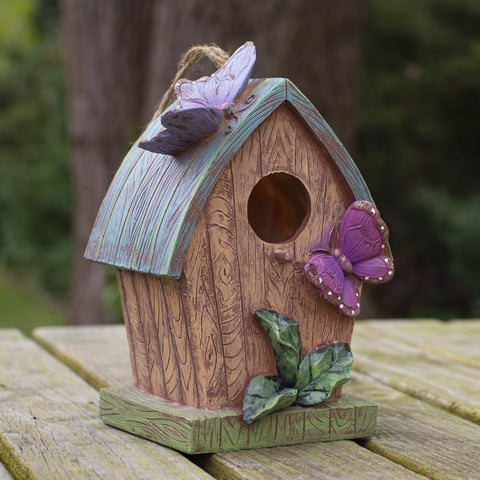 10" Brown and Green Hanging Birdhouse With Butterflies Outdoor Garden Decor