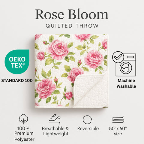 DaDa Bedding Romantic Roses Floral Throw Blanket - Lovely Spring Pink & White Scalloped Colorful Lightweight Breathable - Bright Vibrant Quilted Throw Blanket - 50 x 60 by DaDa Bedding Collection