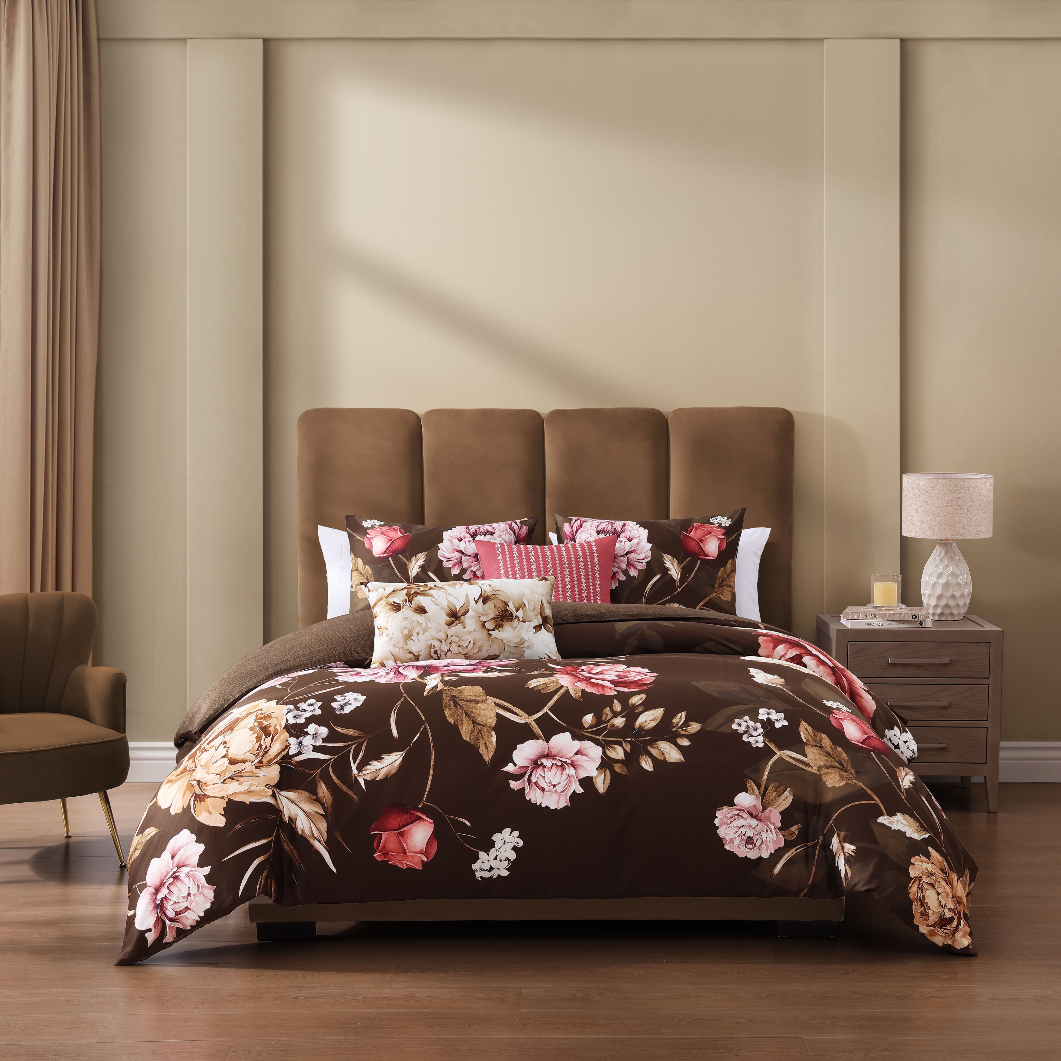  Bebejan Bebejan Floral Garden on Mocha 5 Piece Reversible Comforter Set - QUEEN - Bonton