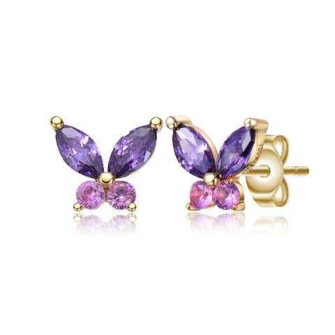 14K Gold Plated With Purple and Pink Cubic Zirconia Butterfly Earrings for Toddlers and Kids