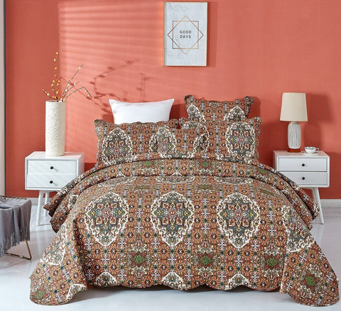 DaDa Bedding Rustic Earthy Cross Motif Folk Ogee Moroccan Scalloped Quilted Bedspread Set (JHW-944) by DaDa Bedding Collection