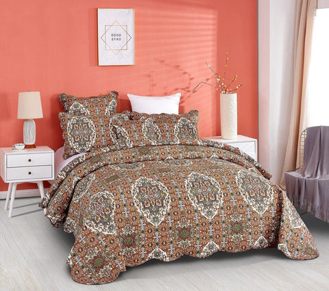 DaDa Bedding Rustic Earthy Cross Motif Folk Ogee Moroccan Scalloped Quilted Bedspread Set (JHW-944) by DaDa Bedding Collection