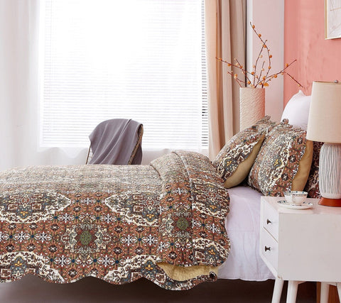DaDa Bedding Rustic Earthy Cross Motif Folk Ogee Moroccan Scalloped Quilted Bedspread Set (JHW-944) by DaDa Bedding Collection