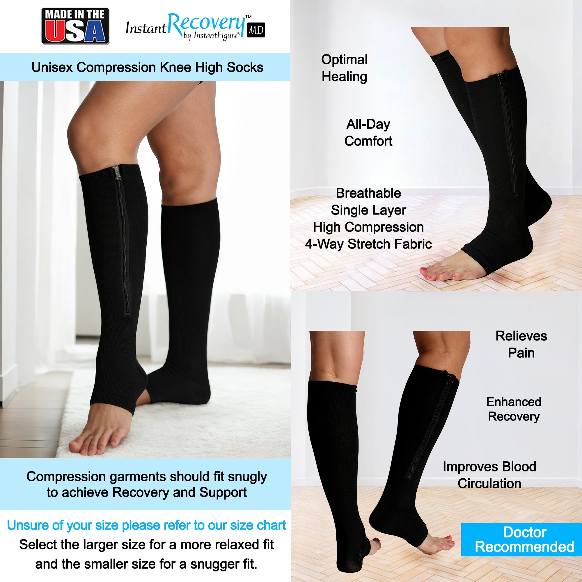  InstantFigure InstantRecoveryMD Unisex Compression Knee High Open Toe Socks MD402 - Black - Bonton
