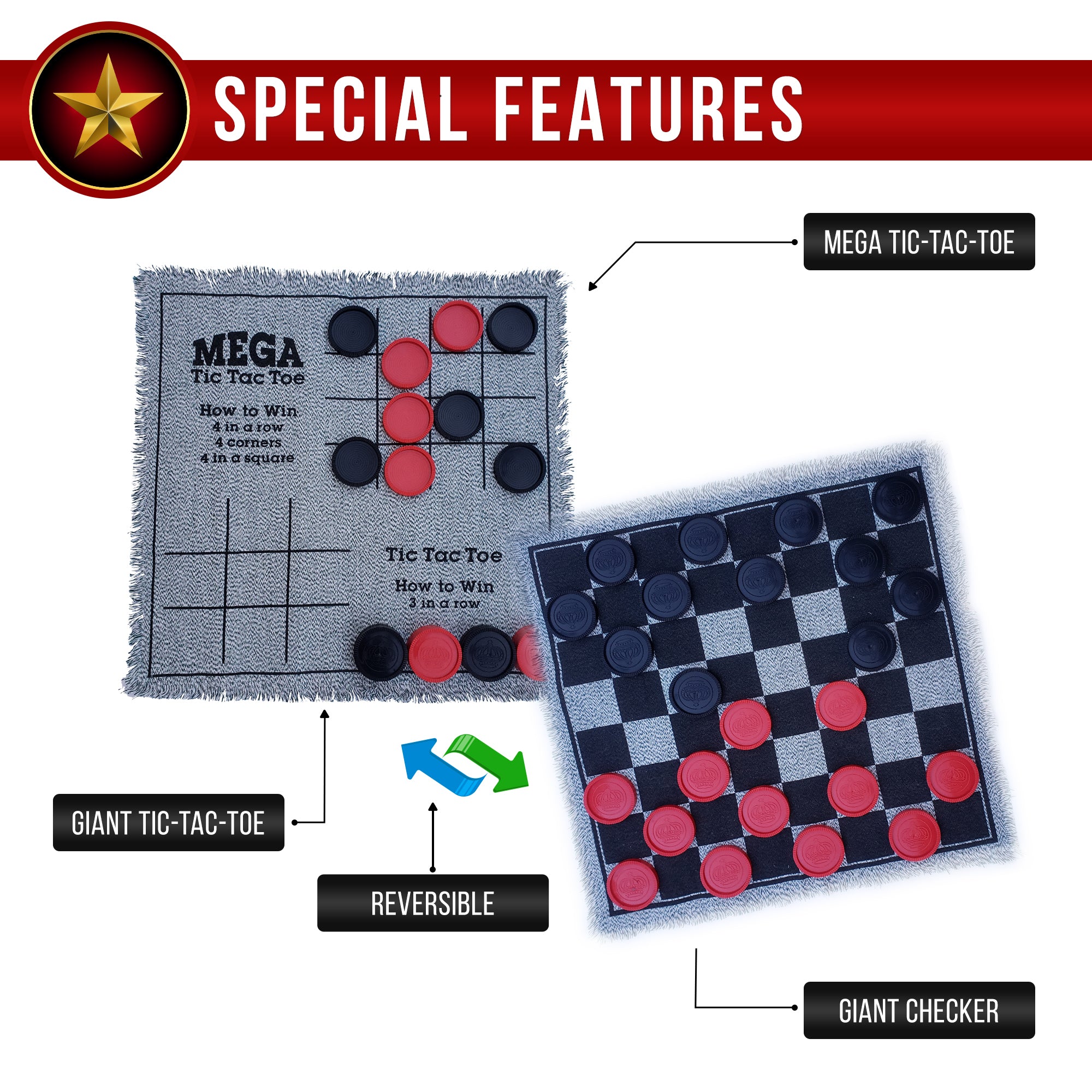  Bolaball 3-in-1 Giant Tic Tac Toe, Checkers Rug & Board Games for Indoor Outdoor Fun - Default Title - Bonton