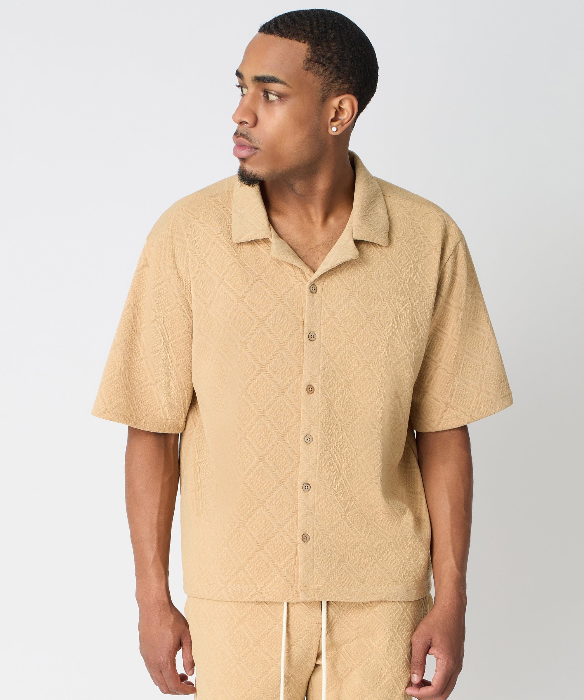  Reason Clothing Textured Knit Short Sleeve Button Down Shirt - Taupe - TAUPE - Bonton