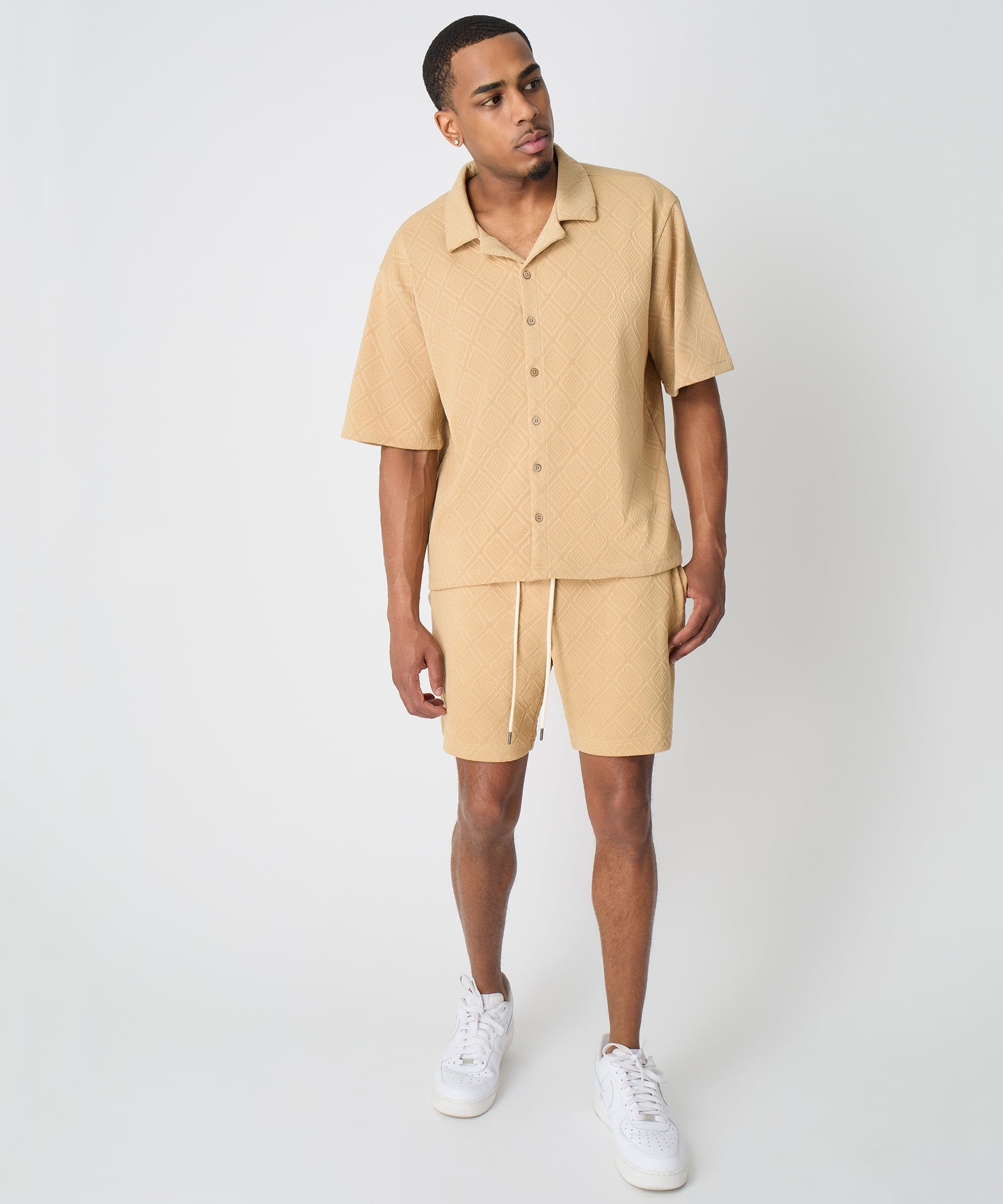  Reason Clothing Textured Knit Short Sleeve Button Down Shirt - Taupe - TAUPE - Bonton