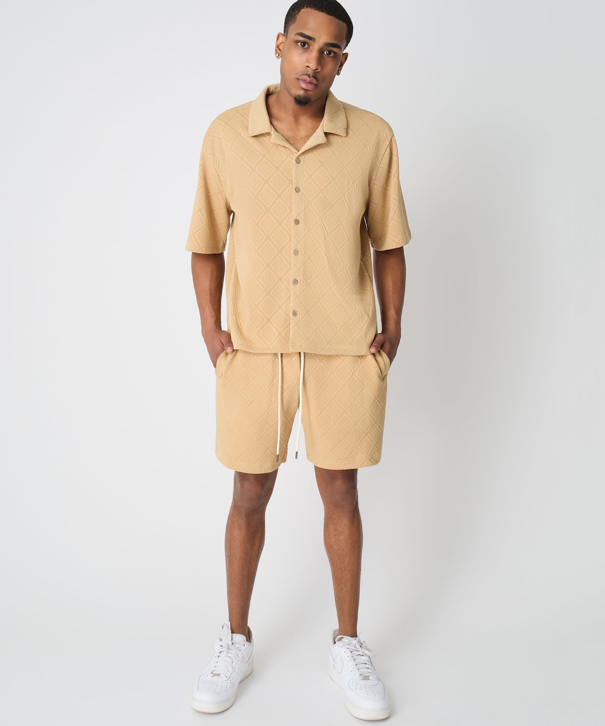  Reason Clothing Textured Knit Short Sleeve Button Down Shirt - Taupe - TAUPE - Bonton