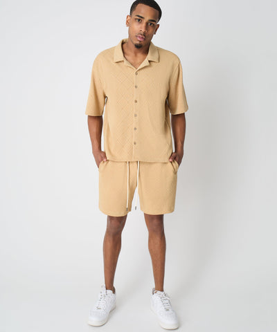 Textured Knit Short Sleeve Button Down Shirt - Taupe